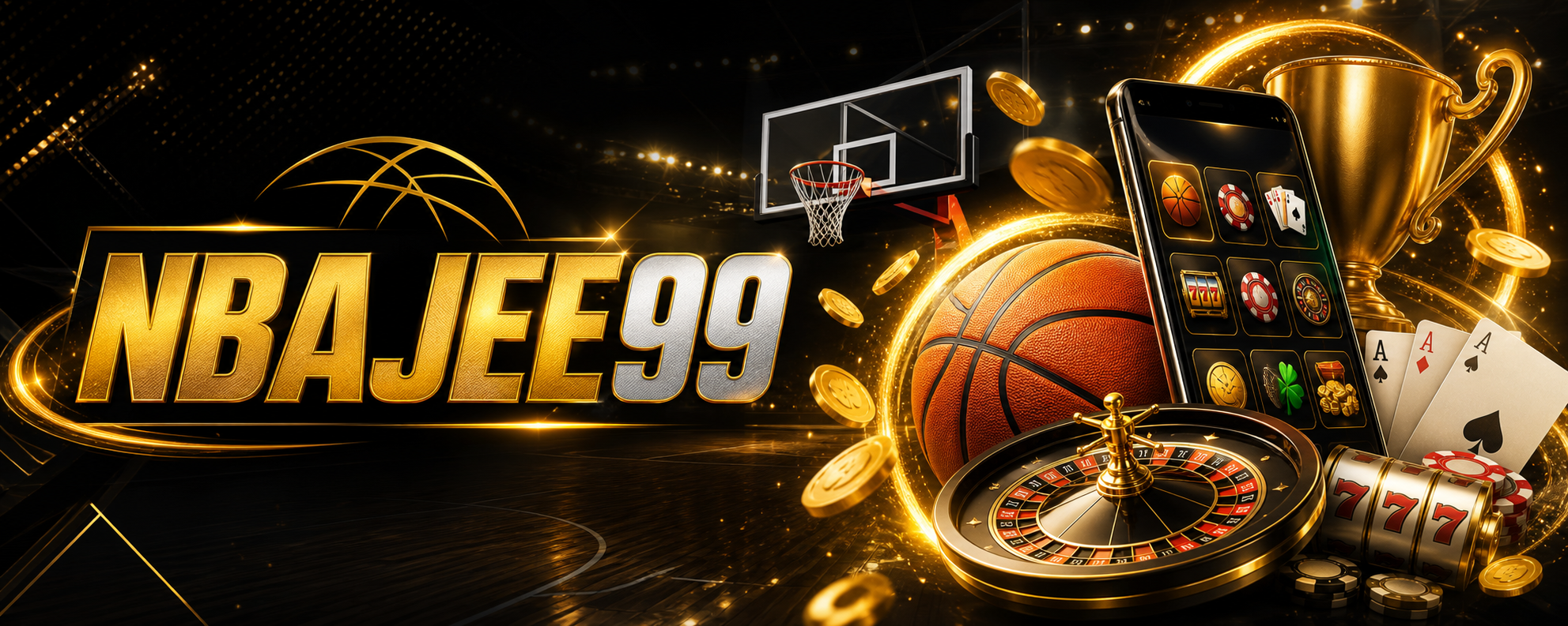 NBAJEE99 কালো-সোনালি স্পোর্টস ও অনলাইন বিনোদন গাইড ব্যানার